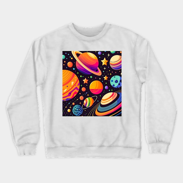 Cosmic Harmony: Brightly Colored Flat Vector Illustration of Planets and Stars in the Solar System Crewneck Sweatshirt by Gold Turtle Lina